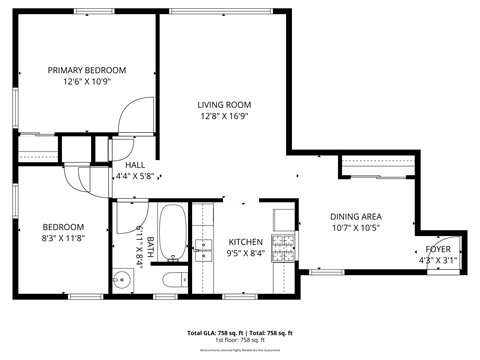 Floor plan for 2 beds, 1 bath, 730 sqft